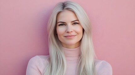 kobieta, blond włosy, różowy sweter, różowe tło, długie włosy, uśmiech, radość, wiosna, portret, pastelowe kolory, delikatność, piękno, naturalność, moda, elegancja, nowoczesność, stylowy wygląd, zado