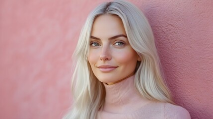 kobieta, blond włosy, proste włosy, różowy sweter, pastelowy róż, różowe tło, delikatny uśmiech, emocje, pewność siebie, smukła sylwetka, minimalistyczny styl, ciepło, harmonia, jasne tło, naturalność