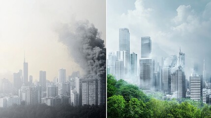 Dramatic Contrast of Polluted City and Lush Green Environment