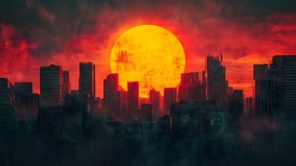 Obraz premium A dramatic skyline with a large, fiery sun set against a moody urban backdrop, capturing an intense atmosphere.