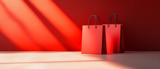 Red shopping bags on red background, sunlight. Sale concept