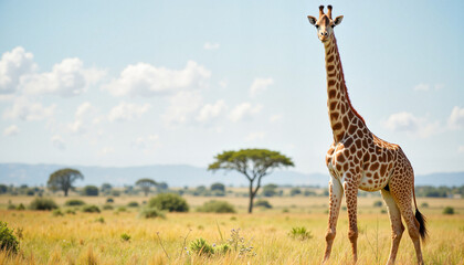 Obraz premium Majestic giraffe standing in savannah under blue sky, wildlife beauty