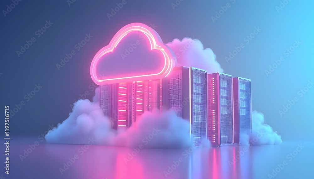 Poster a futuristic cloud data storage concept featuring vibrant neon colors. cloud computing symbolically 