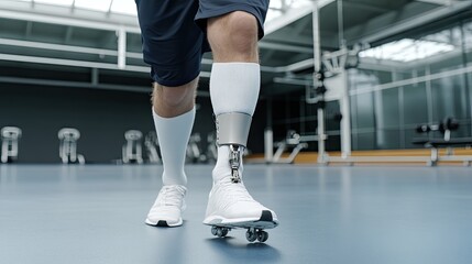 Fototapeta premium Focus on a man's prosthetic leg in blue sporty sneakers while engaging in running on a serene path surrounded by nature