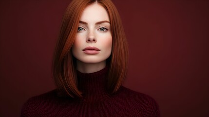 kobieta, europejka, rude włosy, burgundowy sweter, burgundowe tło, minimalistyczny styl, elegancja, monochromatyczny look, delikatne światło, profesjonalizm, portret, przestrzeń na tekst, subtelny sty
