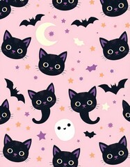 Fototapeta premium Kawaii-style cute cat faces with stars, moons, bats, pastel goth Halloween vibes, black and ghost cats, magical elements, pink-purple tones