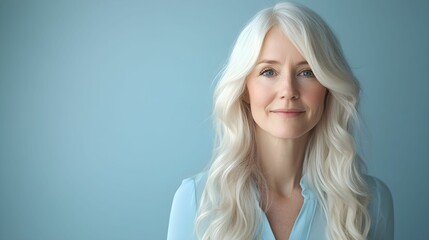 kobieta, europejka, blond włosy, pastelowy niebieski, niebieska bluzka, niebieskie tło, minimalistyczny styl, elegancja, profesjonalizm, portret, monochromatyczny design, przestrzeń na tekst, subtelny