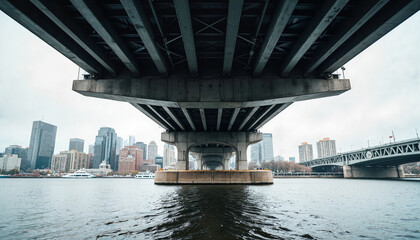 Fototapeta premium Massive urban bridge viewed from beneath, structural grandeur