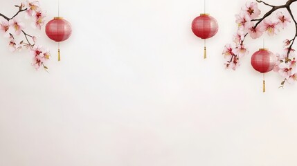 Elegant Red Lanterns and Cherry Blossom Branches Against a Soft White Background for Vibrant Asian-Themed Decor and Celebrations