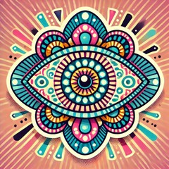 Psychedelic eye sticker. Trippy esoteric symbol. Geometric hippie design. Funky groovy graphic for card, poster, collage design. Vector illustration
