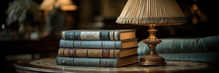 Stack of antique books beside a table lamp on a wooden table.