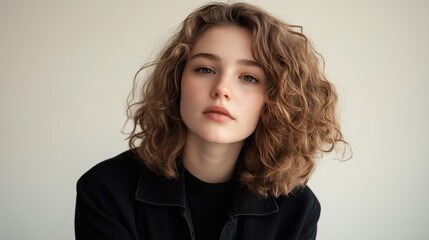 A stylish woman with curls cascading over her shoulders, her black jacket adding a touch of elegance to her bold and confident demeanor.