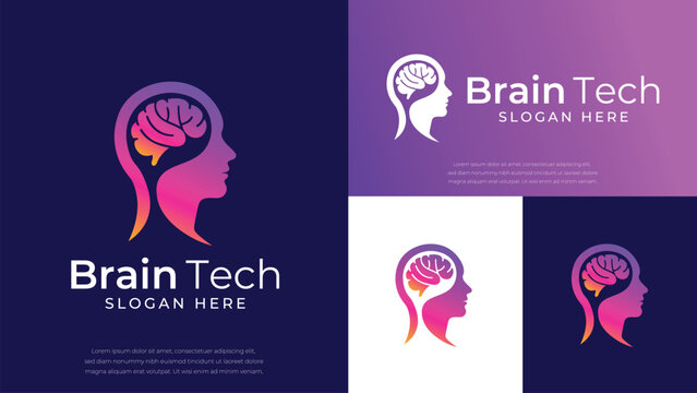 Brain tech logo, creative logo template for artificial intelligence branding, neural networks, innovative solutions, human technology logo, robot, connect, icon, symbol, vector illustration