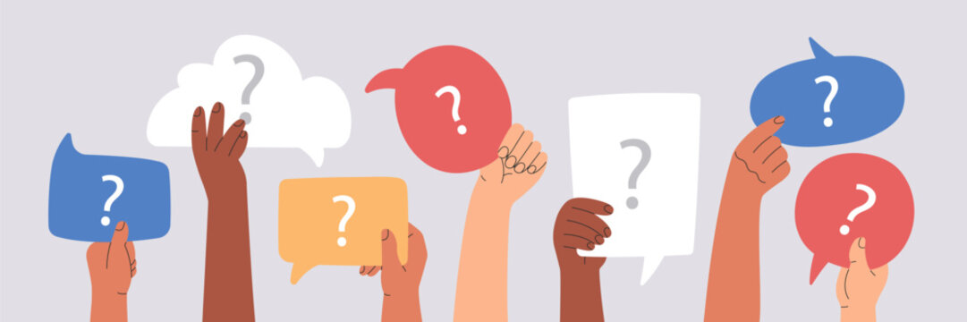 FAQ concept, diverse group of people holding speech bubbles with questions marks, human arms raising frequently asked questions, online. Modern vector illustration banner template, isolated background