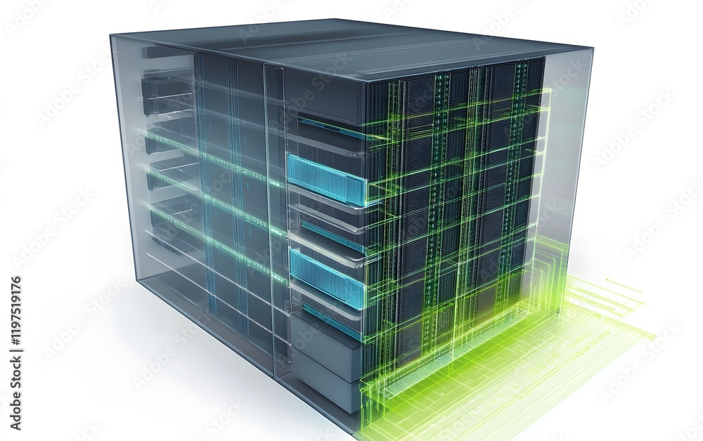 Poster a modern data server showcasing advanced technology, featuring intricate designs and vibrant colors 