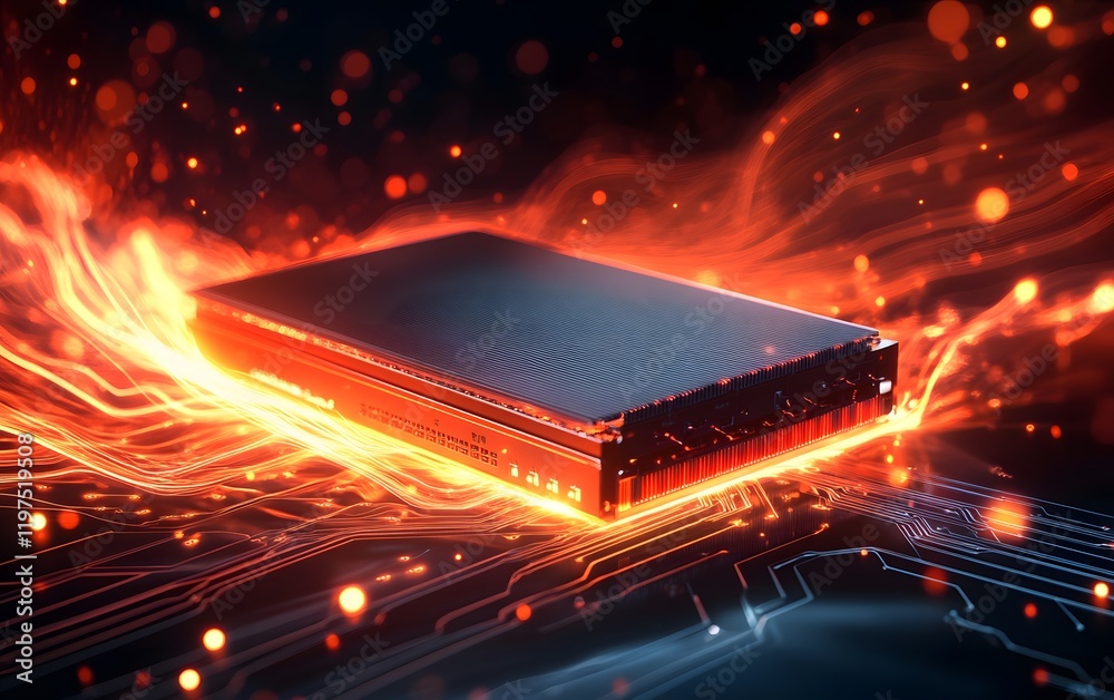 Poster a powerful computer chip illuminated with glowing circuits, symbolizing advanced technology and high