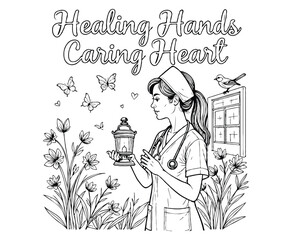Nurse coloring page design with the phrase Healing Hands, Caring Heart