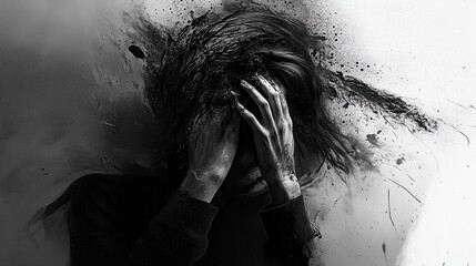 A tumultuous blend of dark, moody hues and erratic brushstrokes creates an evocative visual narrative of emotional unrest, symbolizing despair and the chaos within.