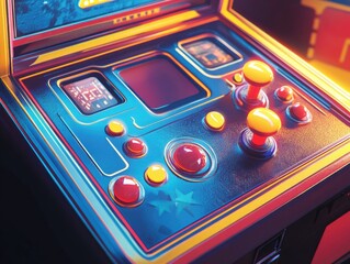 A vibrant pinball machine with digital displays and colorful buttons, offering a virtual gaming experience. The glowing lights and virtual coins make it feel like an arcade in a digital world.