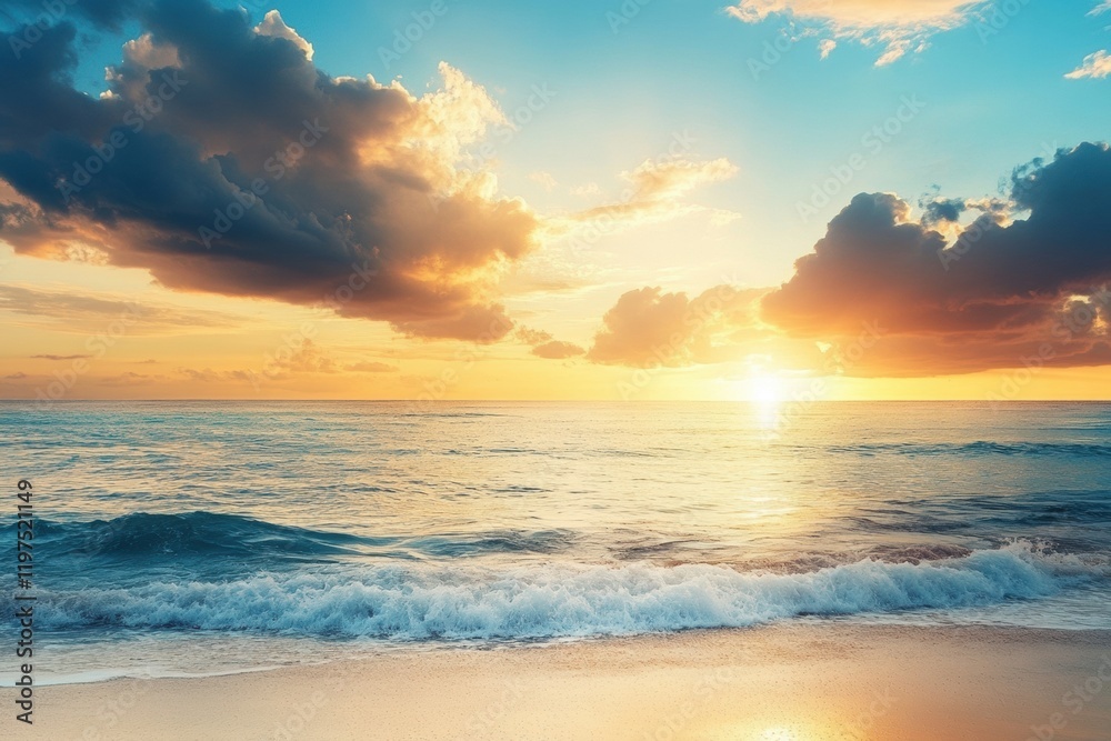 Poster Serene coastal sunset with clouds reflecting on tranquil ocean waters and sandy beach with empty space for text. Generative AI