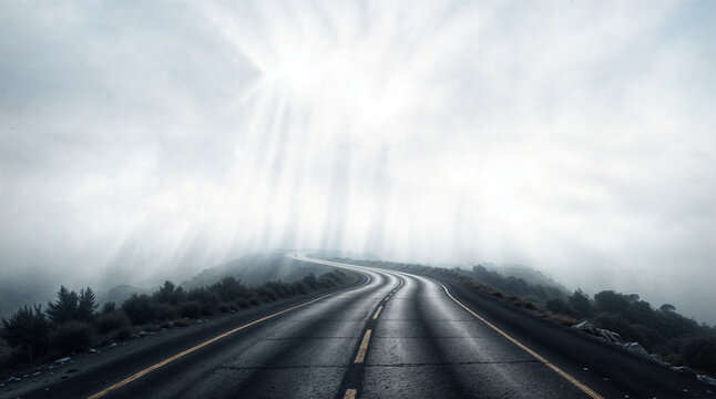 empty road in the fog black and white