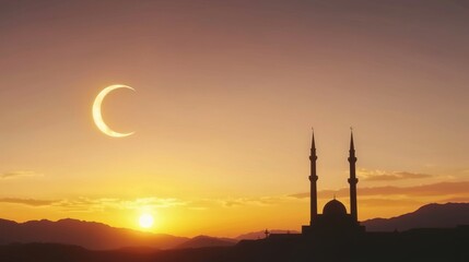 Sunset Scene with Mosque Silhouette and Crescent Moon over Mountains in Warm Golden Hues