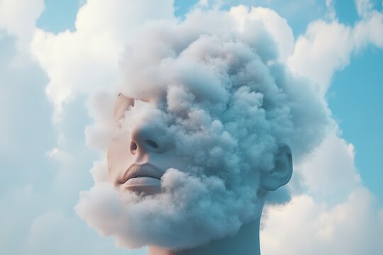 Creative brain burst with white fluffy clouds, symbolizing abstract thoughts or cognition.