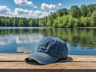 A weathered baseball cap with a faded navy-blue color, resting on the edge of a wooden dock by a tranquil lake.