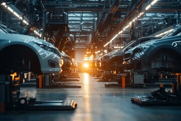 Modern Automotive Manufacturing Facility with Rows of Cars and Robotic Arms in a Bright Environment