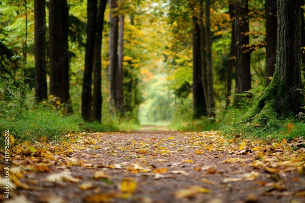 Poster serene forest pathway surrounded by vibrant foliage inviting a peaceful stroll in autumn. generative