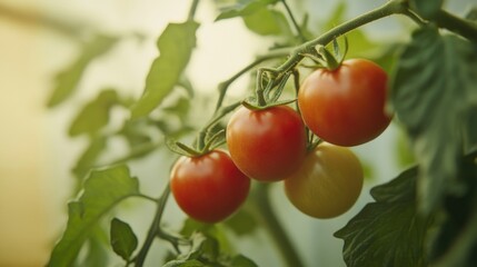 Bunch of red ripe tomatoes with green leaves in sunlit background.