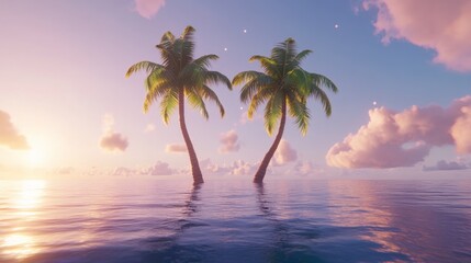 Obraz premium A serene tropical scene with twin palm trees by the ocean, under a clear sky and dotted clouds, inviting a sense of peace.