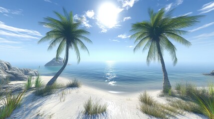 Naklejka premium A serene view of twin palm trees by the ocean, with a clear sky and a few soft white clouds, symbolizing a tropical paradise.