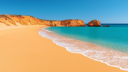 Sunny beach with turquoise water and golden sand, cliffs in background.