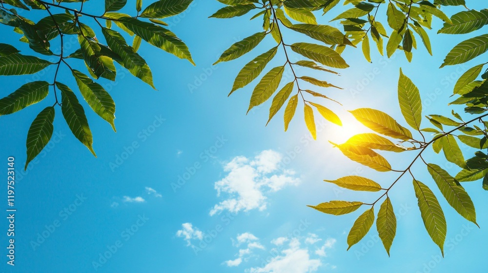 Canvas Prints Sunlit green leaves against a vibrant blue sky with fluffy clouds.