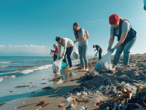 Team of volunteers cleaning a beach to remove trash and protect the environment.