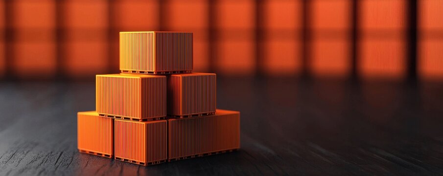 A pyramid of orange blocks is stacked on a dark surface, contrasting with a blurred background of similar colored blocks.