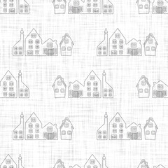 White neutral minimal house motif with linen effect texture for baby nursery seamless background. Modern muted simple soft pattern for wallpaper, home decor, white grey design. 