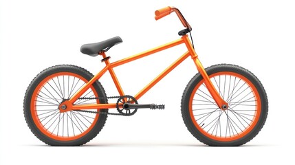 Fototapeta premium Orange BMX bike with black tires and seat isolated on white background.