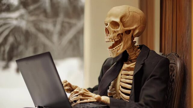 Skeleton office worker dressed in suit working on laptop near window in snowy setting during winter