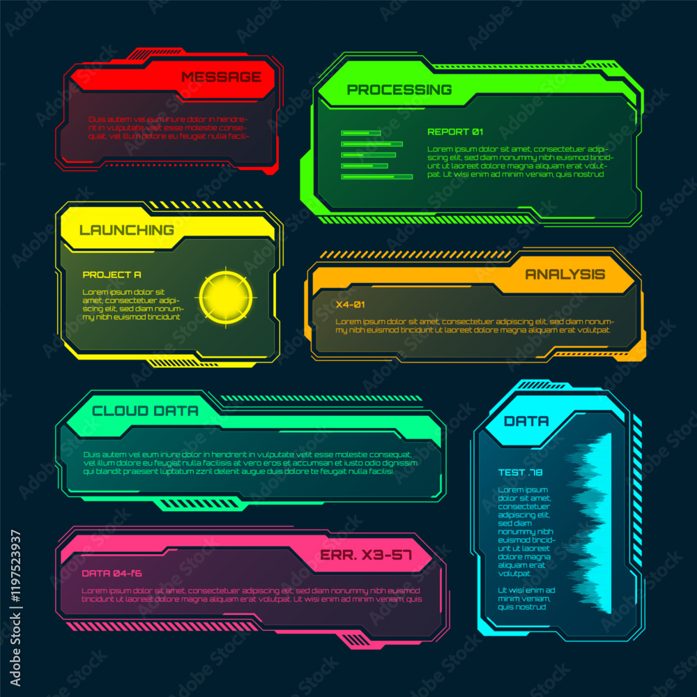 Fototapete futuristic hud or ui elements. sci-fi user interface text boxes, callouts. colorful warning message 