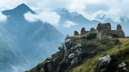 Dramatic view of ancient ruins in the Peruvian Andes with foggy mountains and green hills scenic stone structures archaeological site remote adventure travel