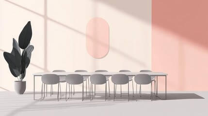 A simple, clean meeting room with a minimalist design, featuring a long table, ergonomic chairs, and minimal decor.