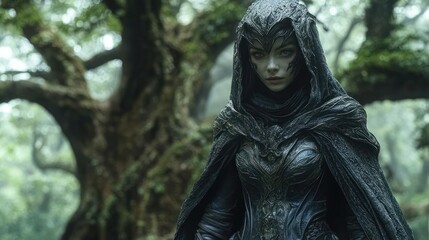 Obraz premium Mysterious woman in dark hooded cloak stands in ancient forest.