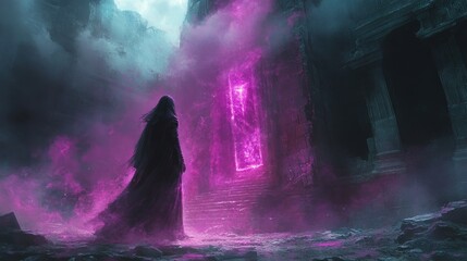 A hooded figure stands before a glowing purple portal in ancient ruins, shrouded in mystical smoke.