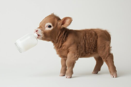 A cute calf drinking milk from a bottle stands against a simple background, showcasing its fluffy coat and playful demeanor.