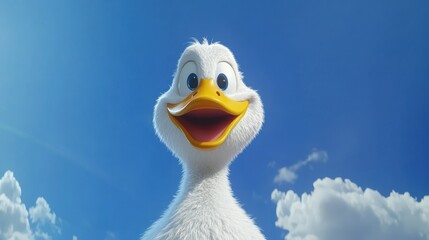 A smiling animated duck stands joyfully under a clear blue sky, conveying a sense of happiness, brightness, and carefree innocence in a cartoon style.