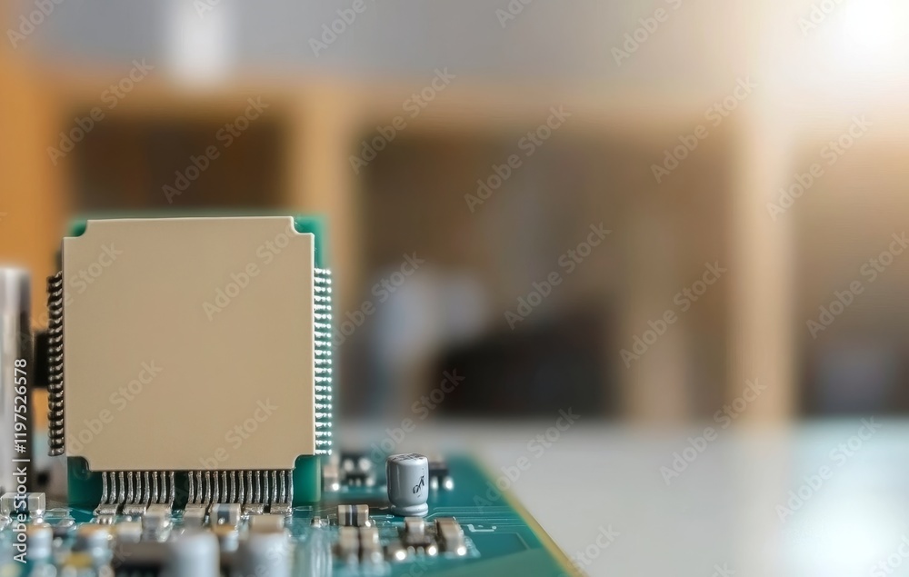 Poster close-up view of central processing unit on a circuit board in a bright modern workspace