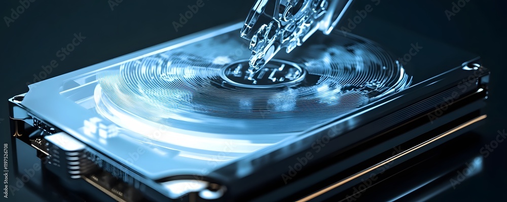 Poster close-up of a hard drive with a transparent design, showcasing the intricate components. the modern 