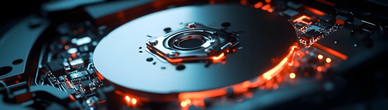 Close-up view of a modern hard drive with intricate details and an illuminated design, emphasizing the advancements in technology and data storage capabilities.